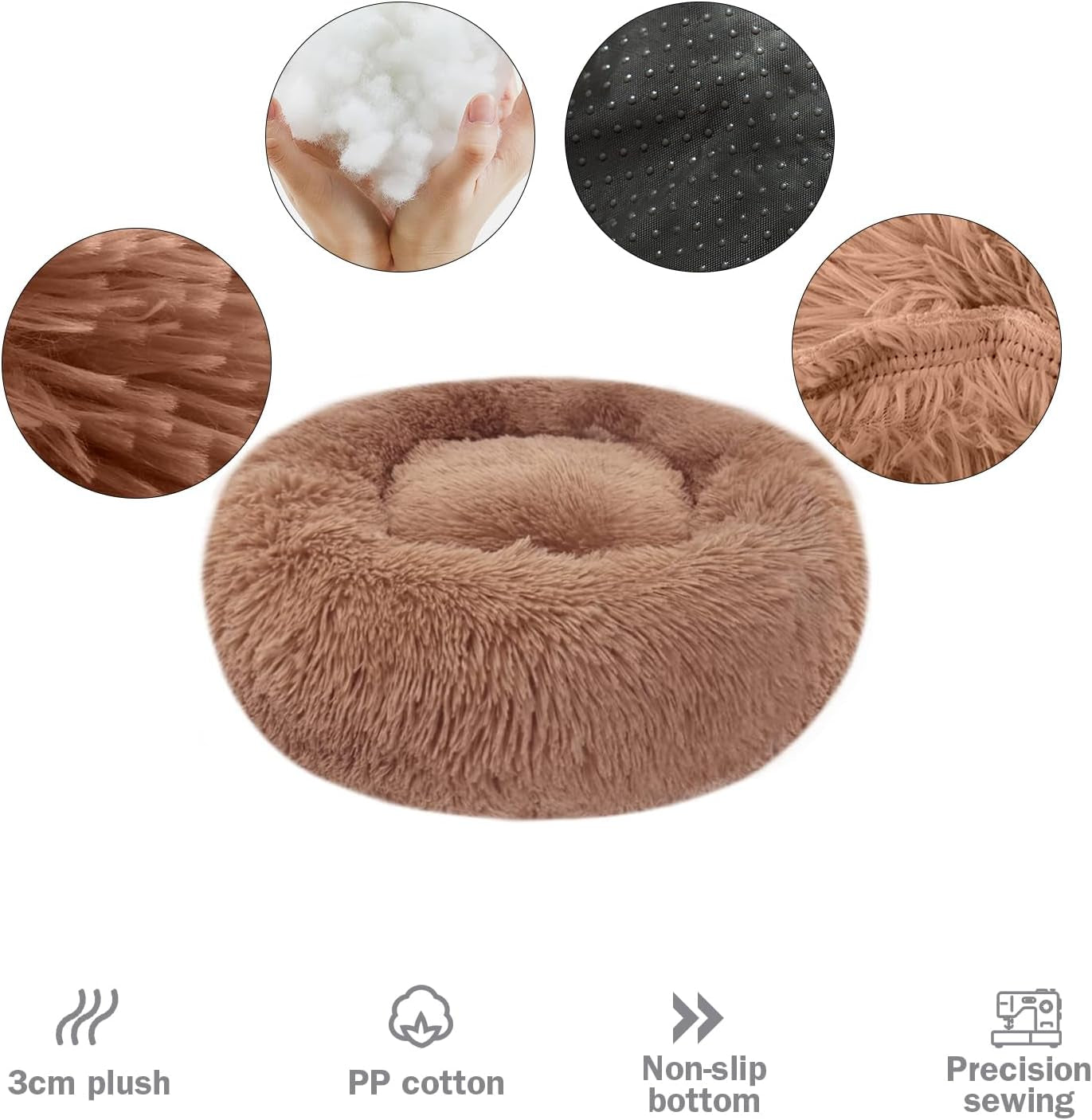 Calming Donut Bed - 23.6" Washable Fluffy Plush Dog Beds, Cozy Soft anti Anxiety Cuddler, Indoor Pet Cushion with Waterproof Bottom for Small Medium Dogs and Cats