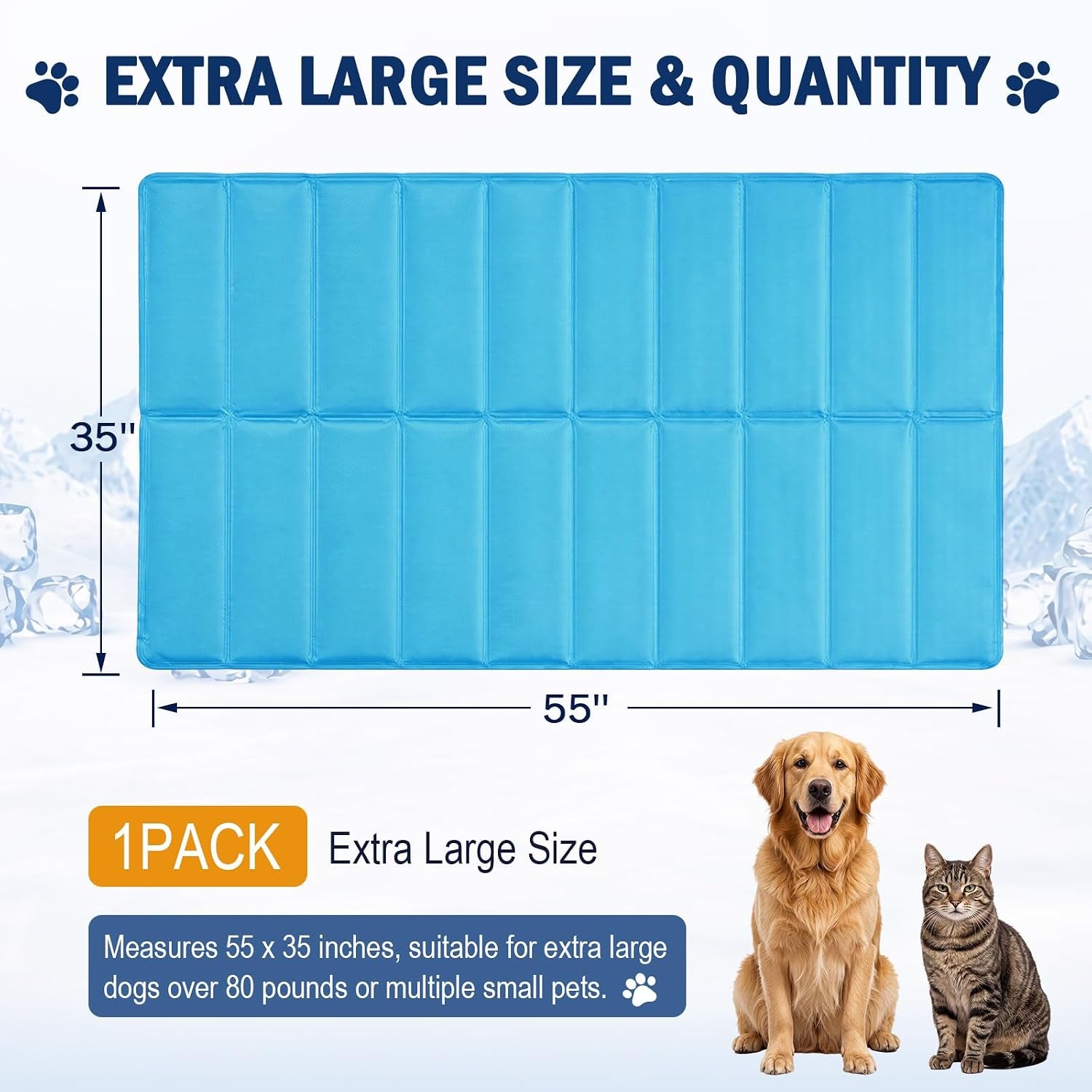 Extra Large 55” X 35” Non-Toxic Gel Dog Cooling Mat, Blue Self Cooling Pet Pressure Activated Summer Pad for Dogs Cats Kennels, Crates, Beds, Sofa, No Water or Electricity Needed