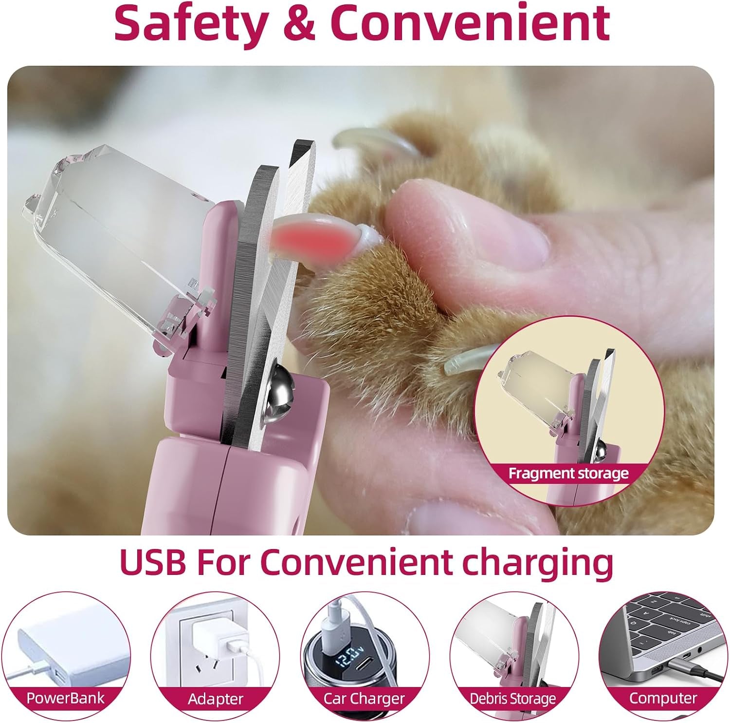 2 in 1 Dog & Cat Pets Nail Clippers and Grinder with Lights - Safety Guard to Avoid Overcutting,Professional Pet Nail Claw Trimmers, Professional Grooming Tools for Pets (Medium & Small Pet) (Pink)