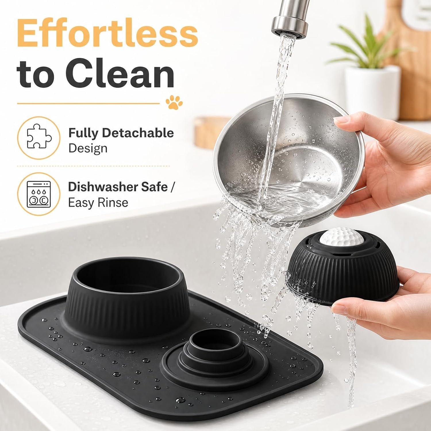 2-In-1 Dog Licking Bowl with Rolling Ball, Stainless Steel Dog Bowls & No-Spill Silicone Lick Mat for Dogs, Wet Dry Separation Dog Slow Feeder Puzzle Licking Toy for Dogs and Cats