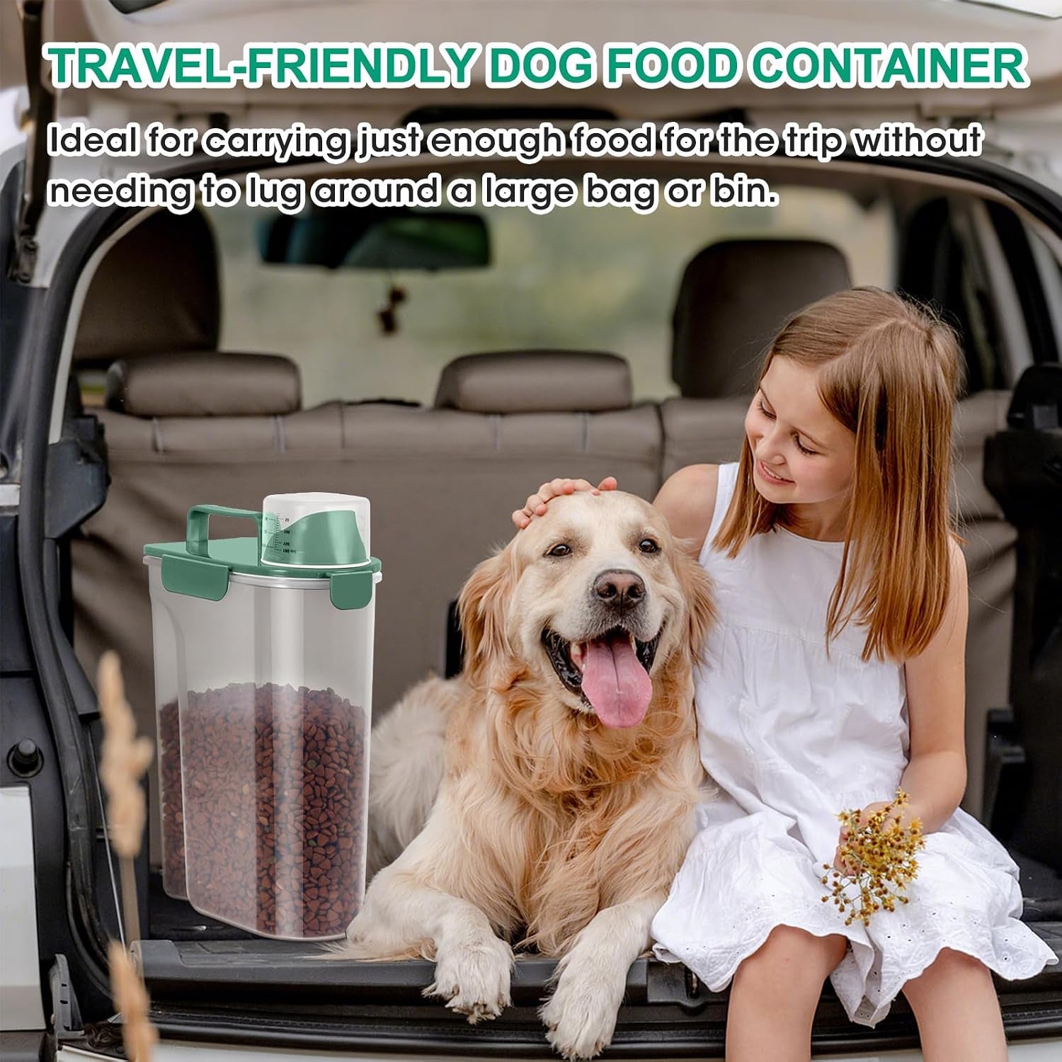 Cat Dog Food Storage Container 5 to 7 Lbs, Secondary Pet Food Storage Container beyond a Large Dog Food Bin for Daily Use, Easy-Pouring Bird Seed Dispenser, Travel Kibble Holder -Bottle Green