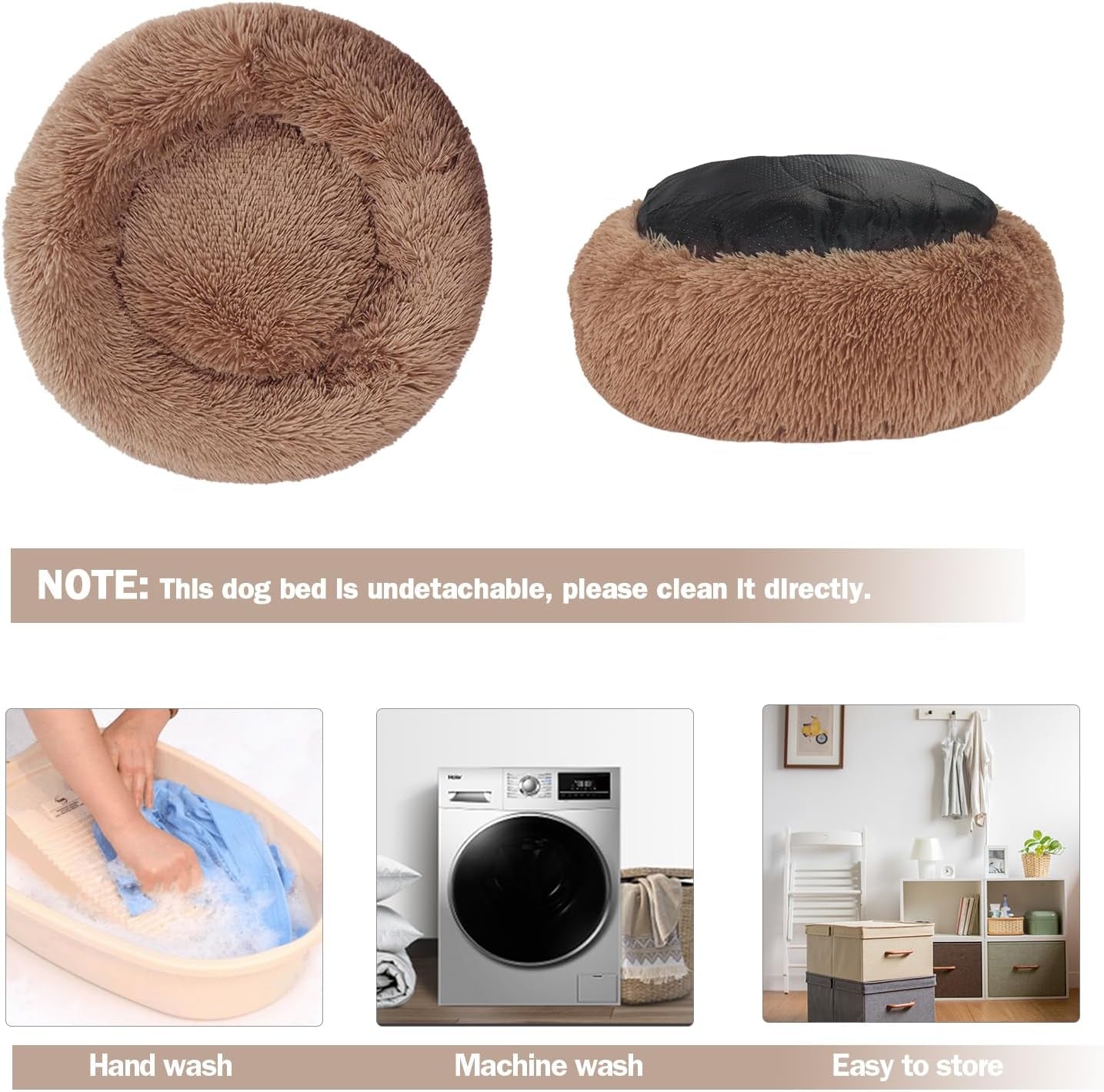 Calming Donut Bed - 23.6" Washable Fluffy Plush Dog Beds, Cozy Soft anti Anxiety Cuddler, Indoor Pet Cushion with Waterproof Bottom for Small Medium Dogs and Cats