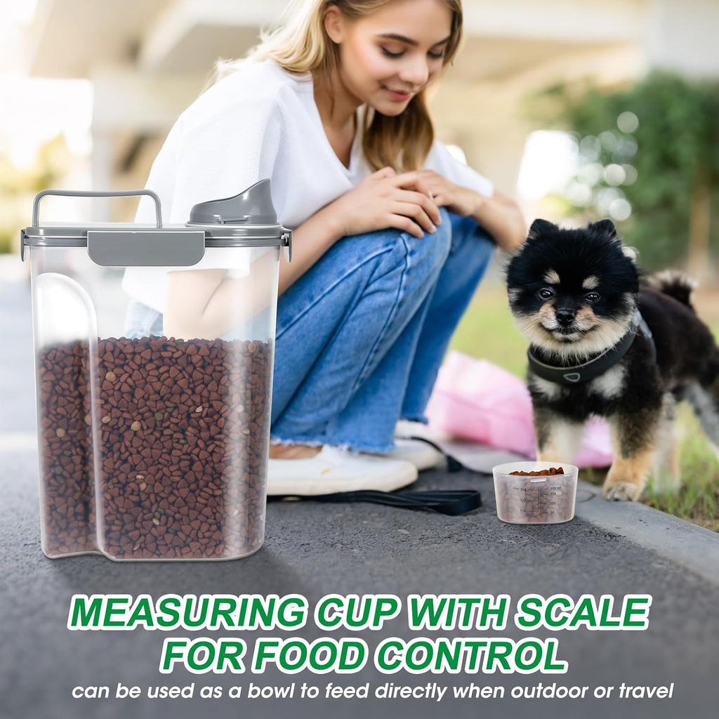Large Cat Food Storage Container, Portable Dog Food Container with Upgraded Large Spout and Cup, Travel Pet Food Storage Dispenser for Small Animal Kibble Storage, Bird Seed Container - Grey