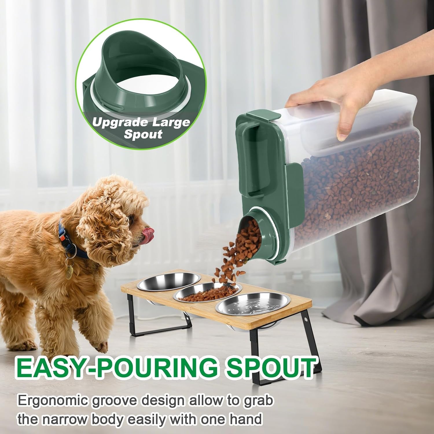 Cat Dog Food Storage Container 5 to 7 Lbs, Secondary Pet Food Storage Container beyond a Large Dog Food Bin for Daily Use, Easy-Pouring Bird Seed Dispenser, Travel Kibble Holder -Bottle Green