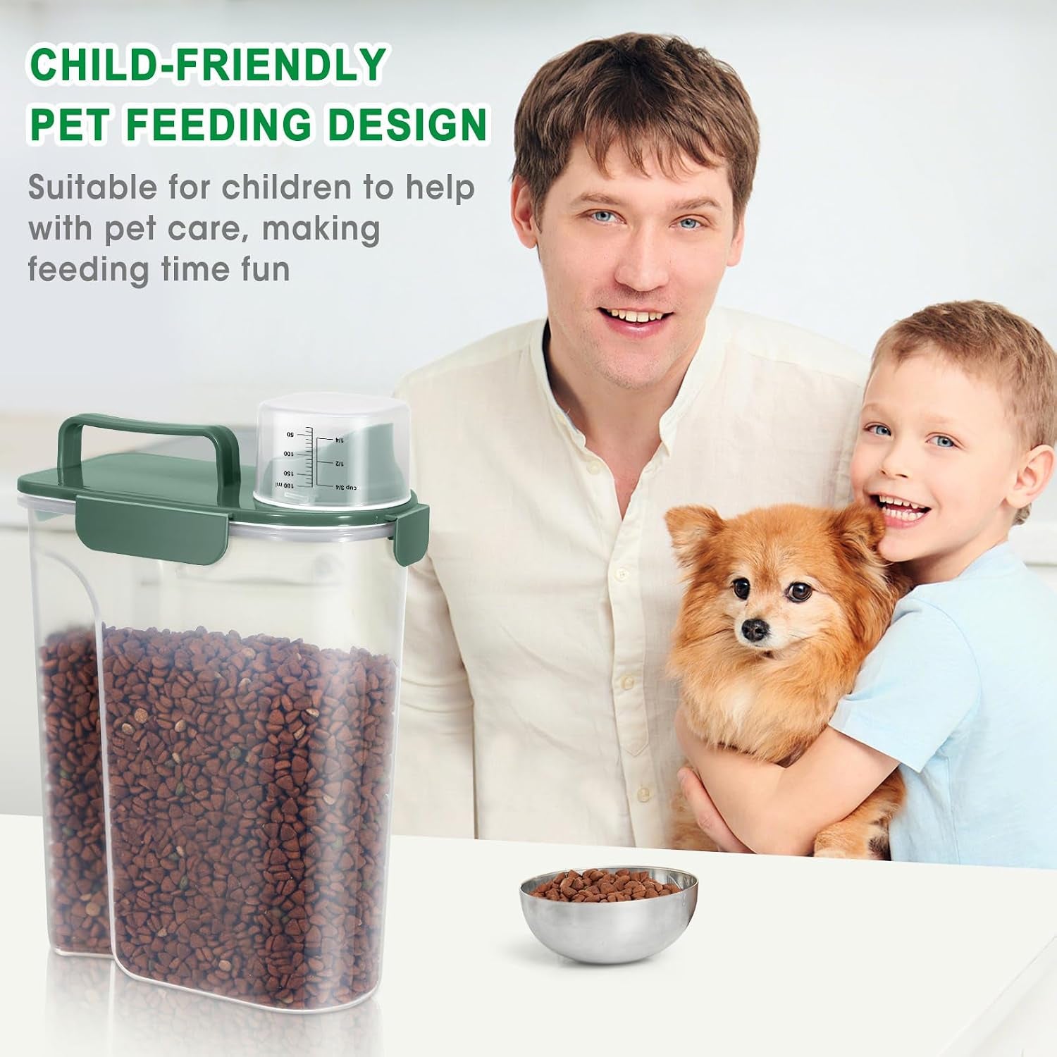 Cat Dog Food Storage Container 5 to 7 Lbs, Secondary Pet Food Storage Container beyond a Large Dog Food Bin for Daily Use, Easy-Pouring Bird Seed Dispenser, Travel Kibble Holder -Bottle Green