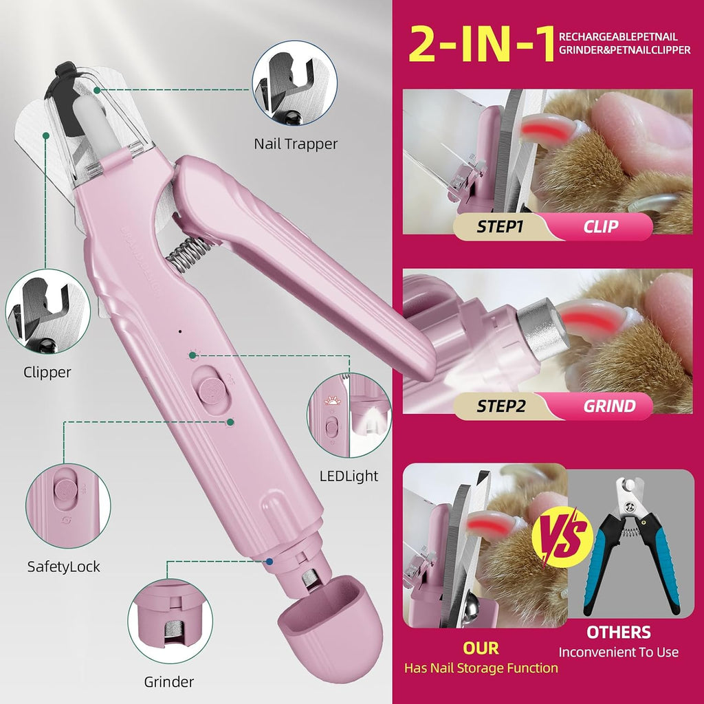 2 in 1 Dog & Cat Pets Nail Clippers and Grinder with Lights - Safety Guard to Avoid Overcutting,Professional Pet Nail Claw Trimmers, Professional Grooming Tools for Pets (Medium & Small Pet) (Pink)
