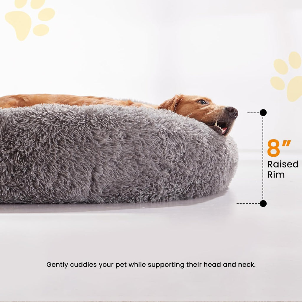 Calming Dog Beds for Large Dogs, Faux Fur Donut Cuddler Dog Bed, round Fluffy Pillow, Washable Pet Bed for Dogs up to 80Lbs, 36Inch