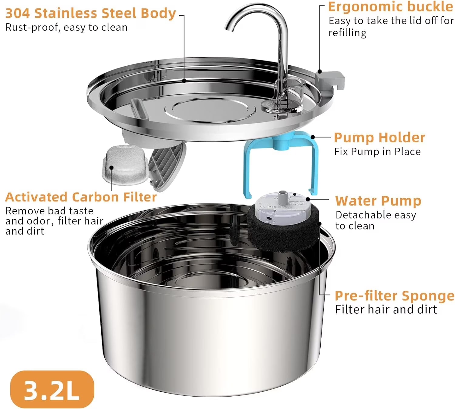 Cat Water Fountain Stainless Steel, 108Oz/3.2L Automatic Cat Fountain, Dog Water Dispenser, Super Silen, Multi-Filtration. Dishwasher Safe for Cats, Dogs, Multiple Pets