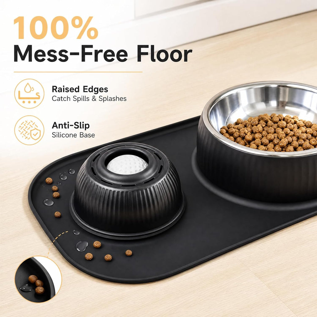 2-In-1 Dog Licking Bowl with Rolling Ball, Stainless Steel Dog Bowls & No-Spill Silicone Lick Mat for Dogs, Wet Dry Separation Dog Slow Feeder Puzzle Licking Toy for Dogs and Cats