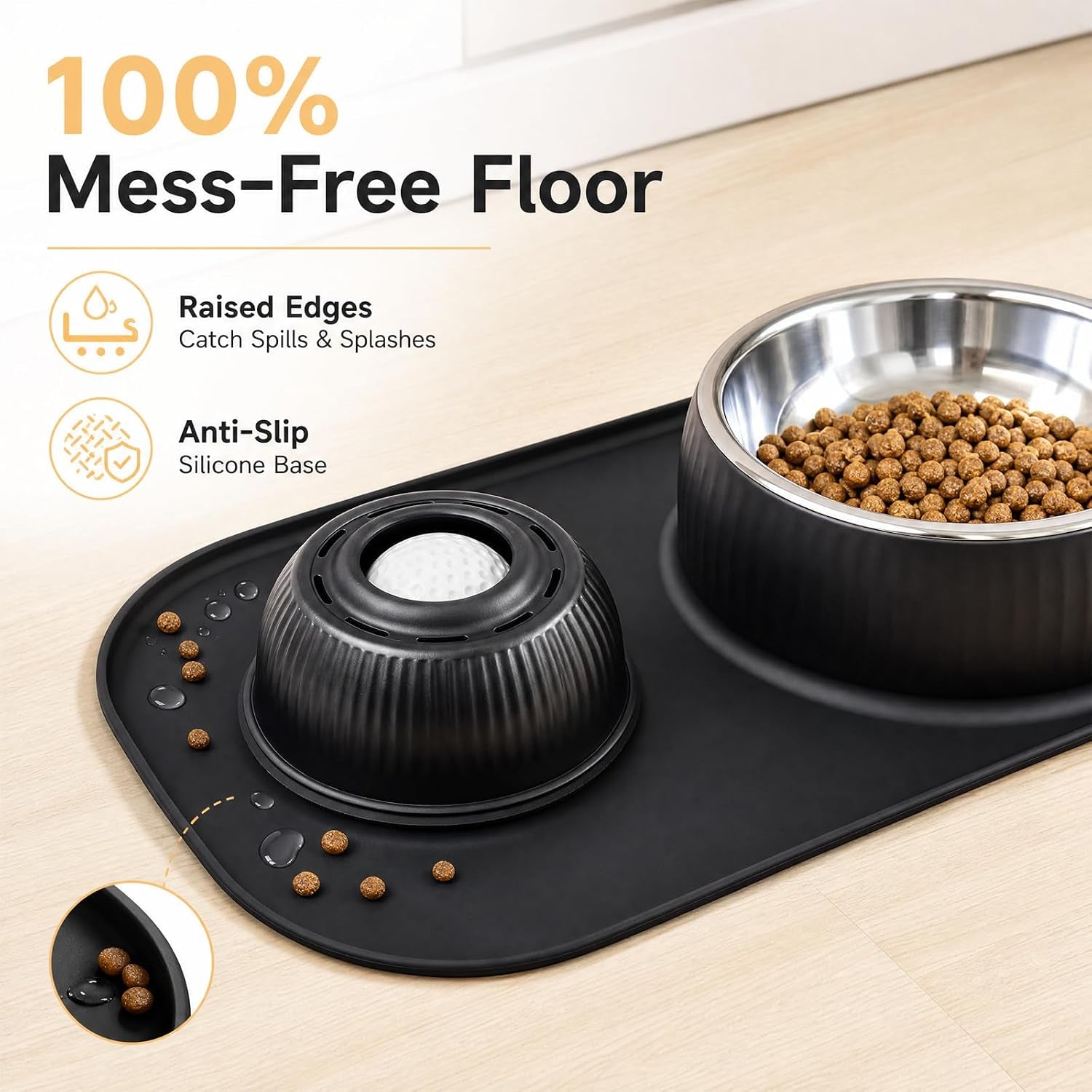 2-In-1 Dog Licking Bowl with Rolling Ball, Stainless Steel Dog Bowls & No-Spill Silicone Lick Mat for Dogs, Wet Dry Separation Dog Slow Feeder Puzzle Licking Toy for Dogs and Cats