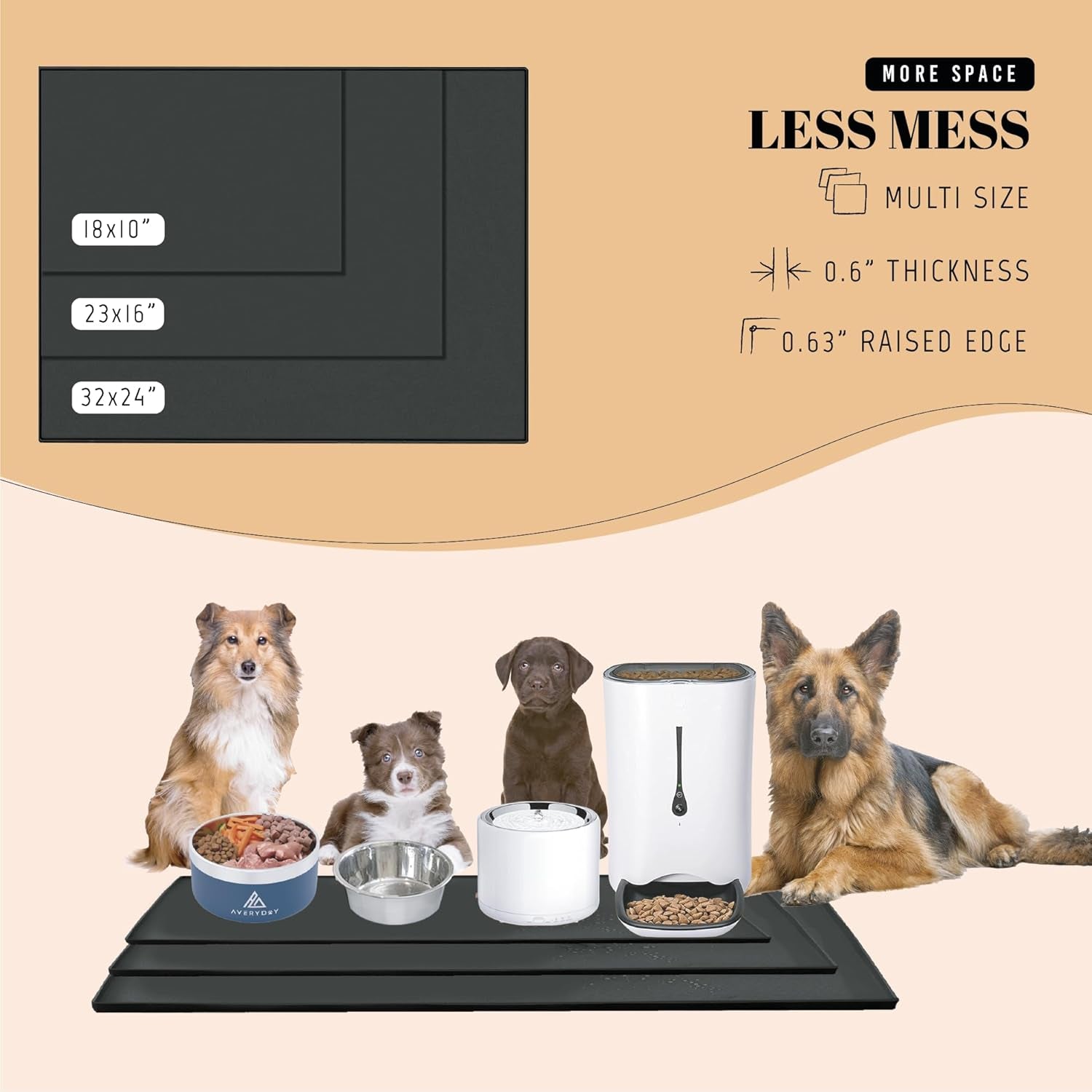 100% Waterproof Thicker Silicone Dog Food Mat, 0.63'' Raised Edge Bowl Mat for Food & Water, Non Slip Pet Feeding Placemat for Messy Drinkers, Perfect for Large Medium Small Breeds, 18"X10"