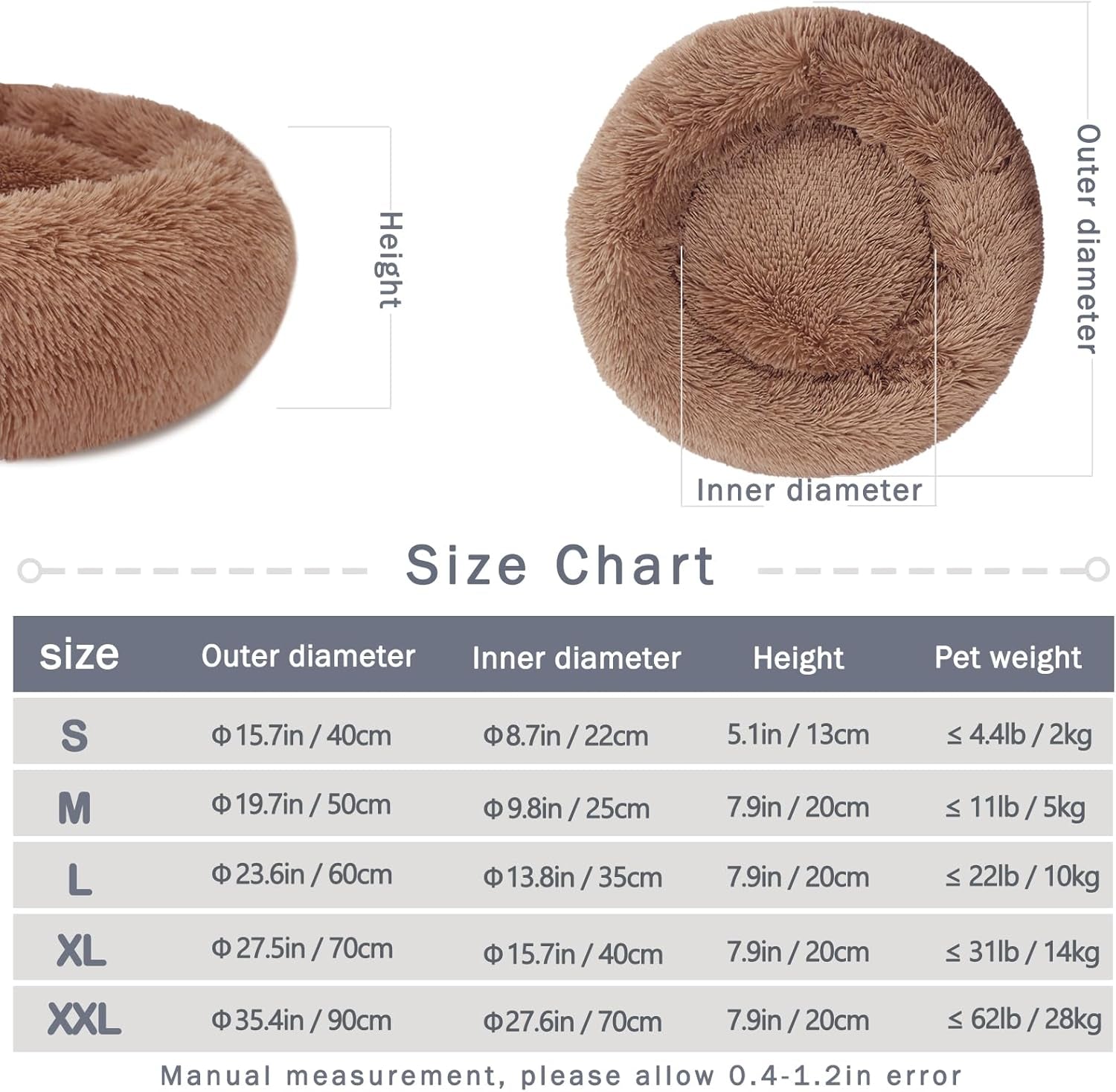 Calming Donut Bed - 23.6" Washable Fluffy Plush Dog Beds, Cozy Soft anti Anxiety Cuddler, Indoor Pet Cushion with Waterproof Bottom for Small Medium Dogs and Cats