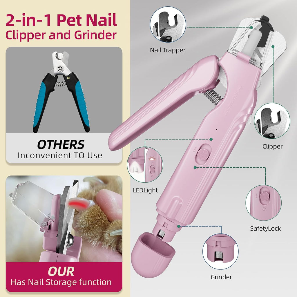 2 in 1 Dog & Cat Pets Nail Clippers and Grinder with Lights - Safety Guard to Avoid Overcutting,Professional Pet Nail Claw Trimmers, Professional Grooming Tools for Pets (Medium & Small Pet) (Pink)