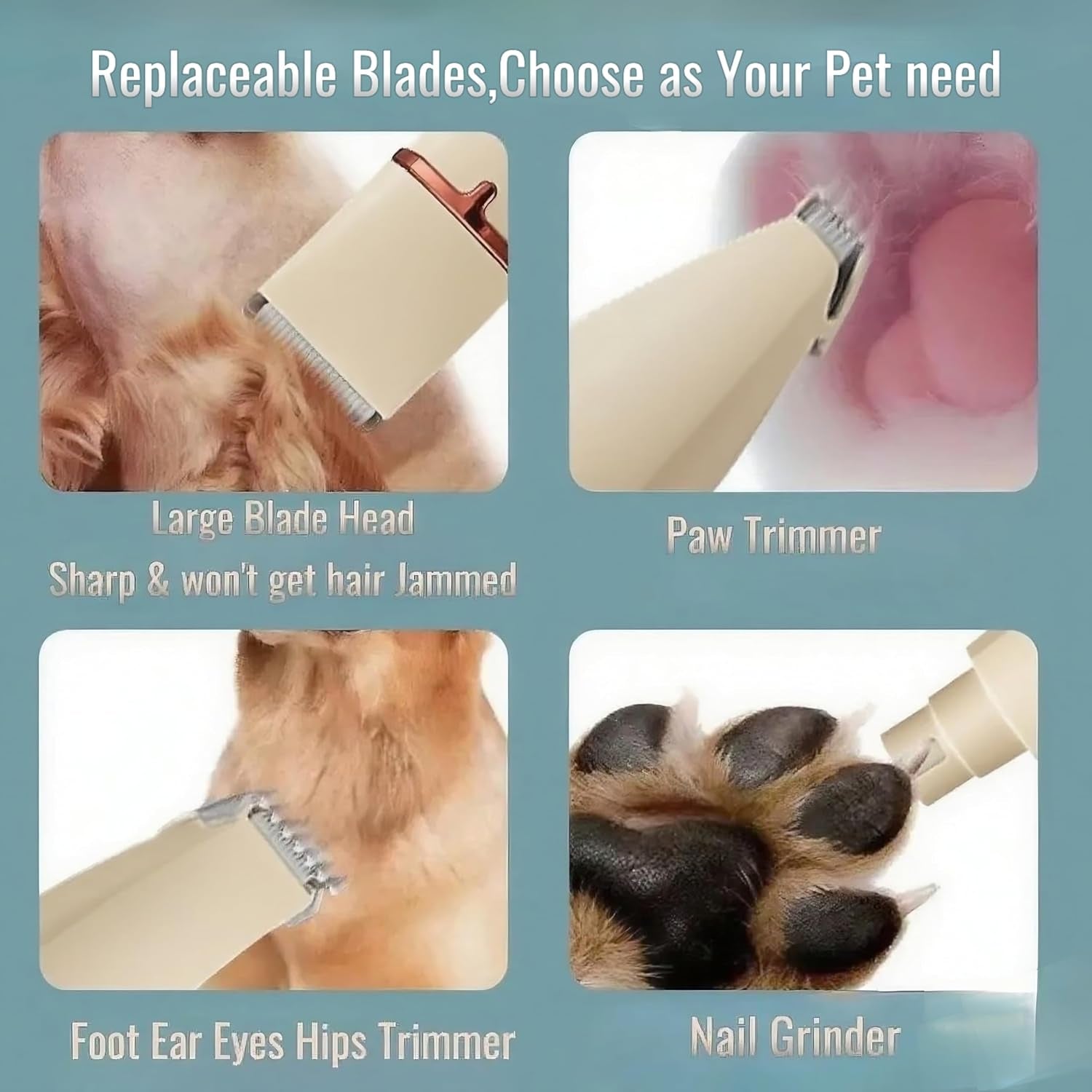 Low Noise 4-In-1 Dog Grooming Clippers Kit,Cordless Dog Nail Clipper,Dog Paw Trimmer,Cat Ear Trimmer,Pet Cat Dog Hair Trimmer for Small Large Dogs Cats and Rabbits Grooming at Home(Beige)