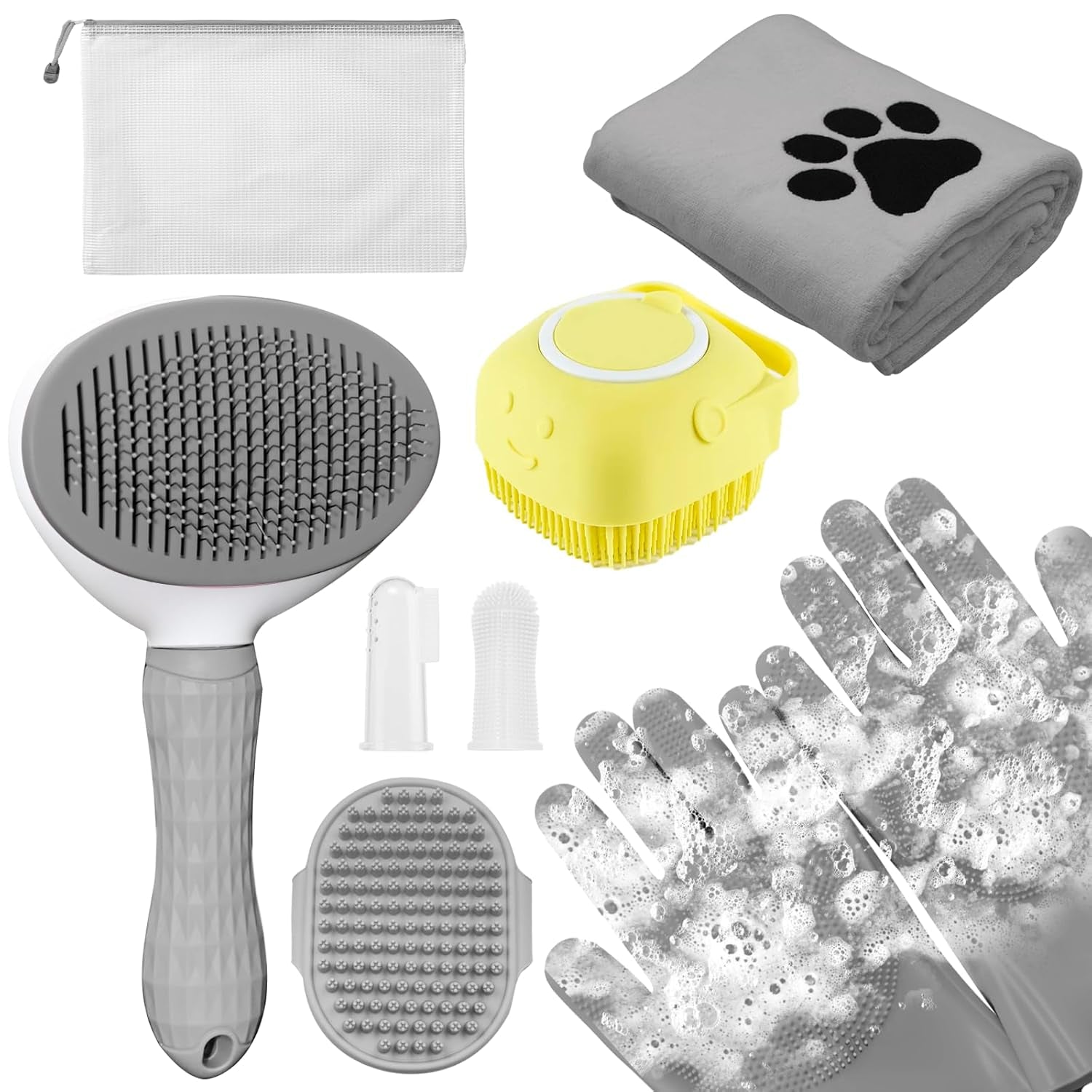 Dog Grooming Kit for Shedding – 8-Piece Pet Grooming Supplies with Deshedding Brush, Bath Gloves, Towels & Silicone Toothbrush | Ideal for Dogs, Cats, Small and Large Pets (Gray)