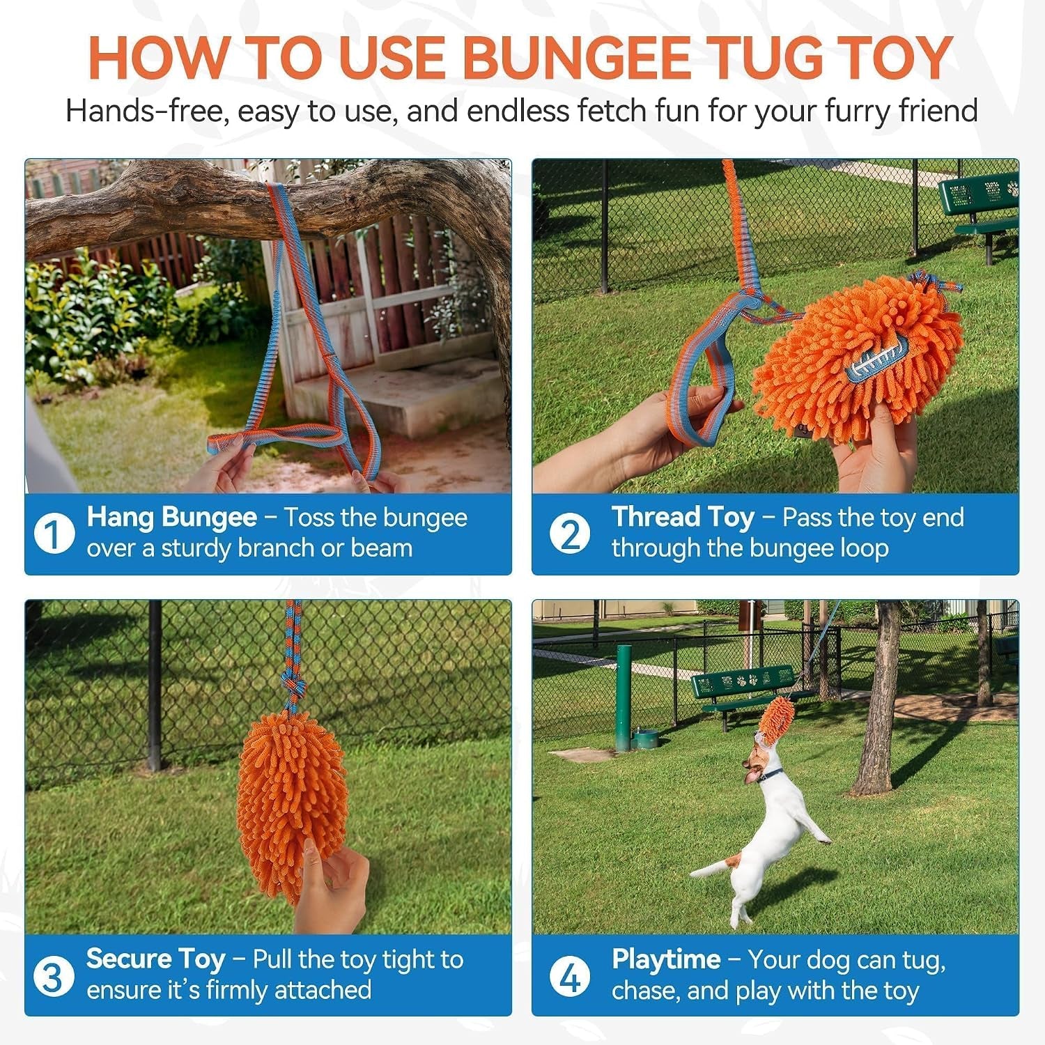 Dog Bungee Tug Toy, Outdoor Hanging Bungee from Tree for Chase & Tug Fun, Interactive Tug-Of-War Toy for Small and Medium Dogs, Bungee Cord with Dog Rope Toy & Soft Chew Toy