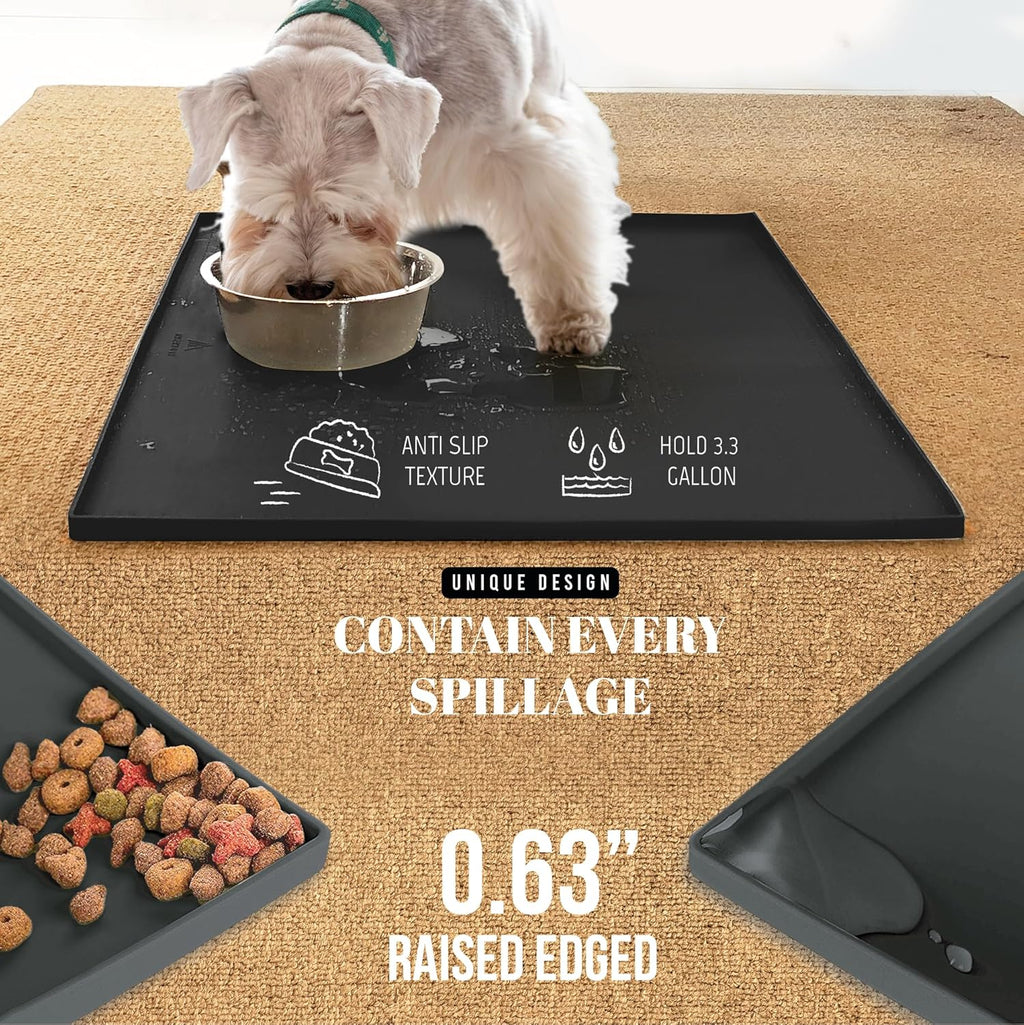 100% Waterproof Thicker Silicone Dog Food Mat, 0.63'' Raised Edge Bowl Mat for Food & Water, Non Slip Pet Feeding Placemat for Messy Drinkers, Perfect for Large Medium Small Breeds, 18"X10"