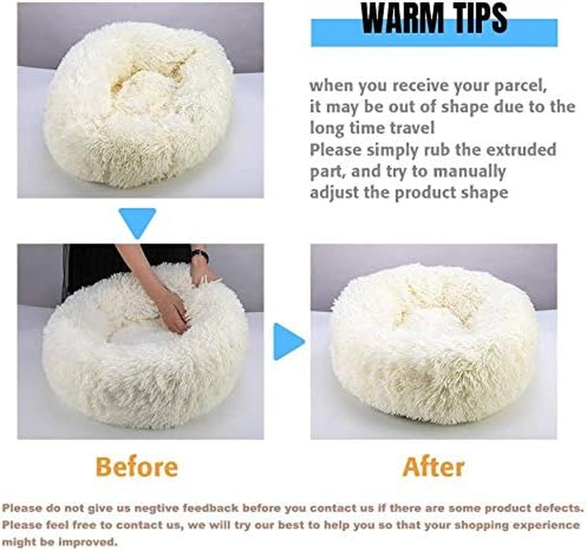 Calming Donut Bed - 23.6" Washable Fluffy Plush Dog Beds, Cozy Soft anti Anxiety Cuddler, Indoor Pet Cushion with Waterproof Bottom for Small Medium Dogs and Cats