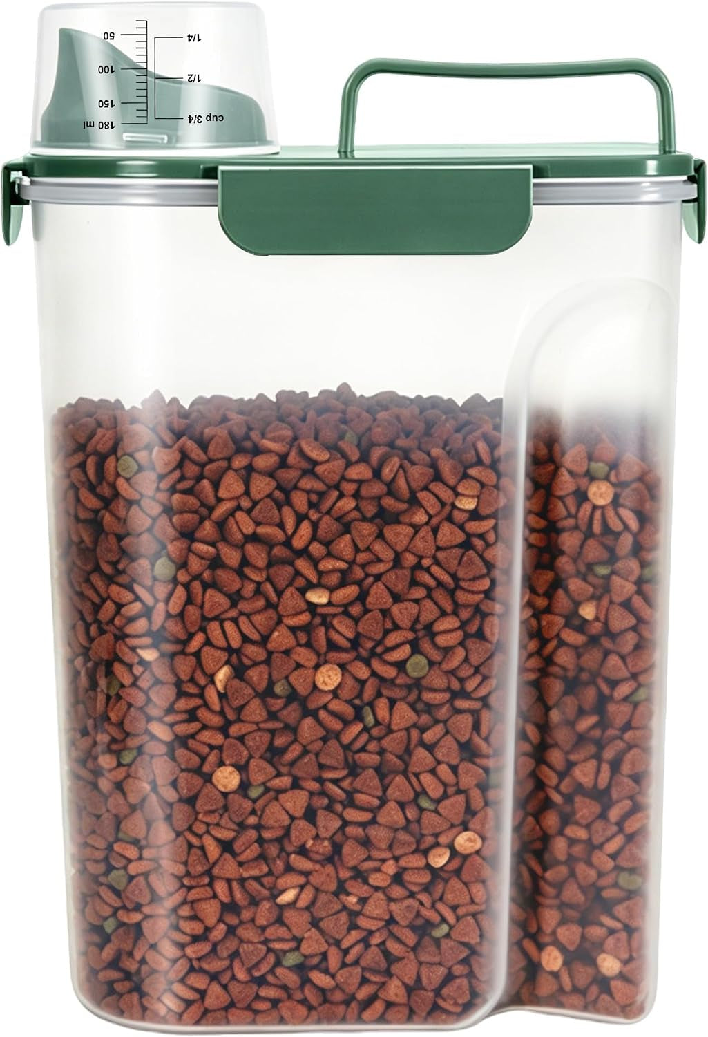 Cat Dog Food Storage Container 5 to 7 Lbs, Secondary Pet Food Storage Container beyond a Large Dog Food Bin for Daily Use, Easy-Pouring Bird Seed Dispenser, Travel Kibble Holder -Bottle Green