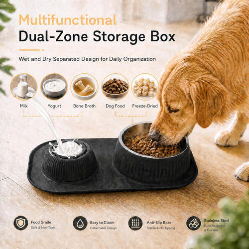2-In-1 Dog Licking Bowl with Rolling Ball, Stainless Steel Dog Bowls & No-Spill Silicone Lick Mat for Dogs, Wet Dry Separation Dog Slow Feeder Puzzle Licking Toy for Dogs and Cats
