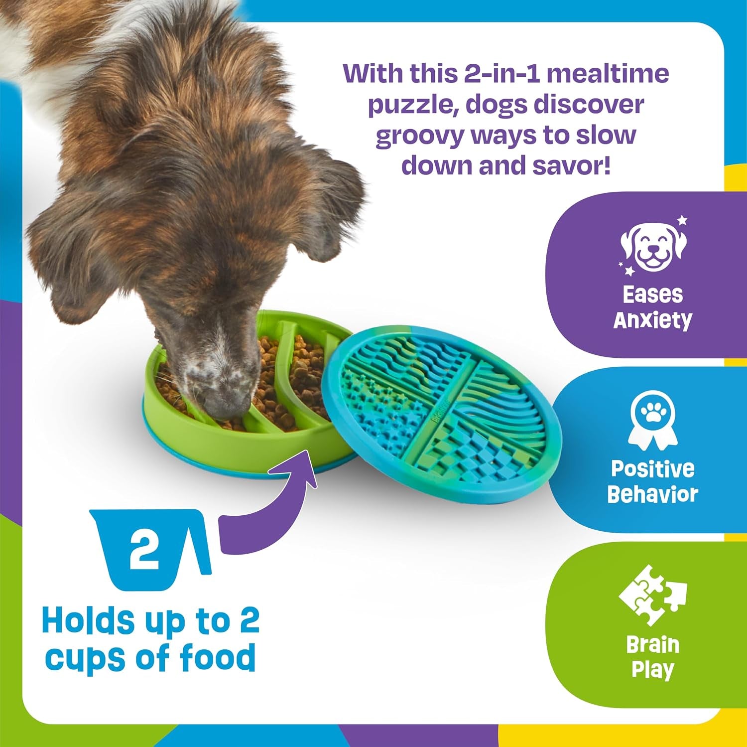 Circle 2-In-1 Slow Feeder Bowl and Lick Mat - Slow Feeder Dog Bowls, Dog Bowls for Fast Eaters, Interactive Puppy Bowl, Cat Food Puzzle, Puzzle for Dogs, Pet Dishwasher Safe Lick Mat
