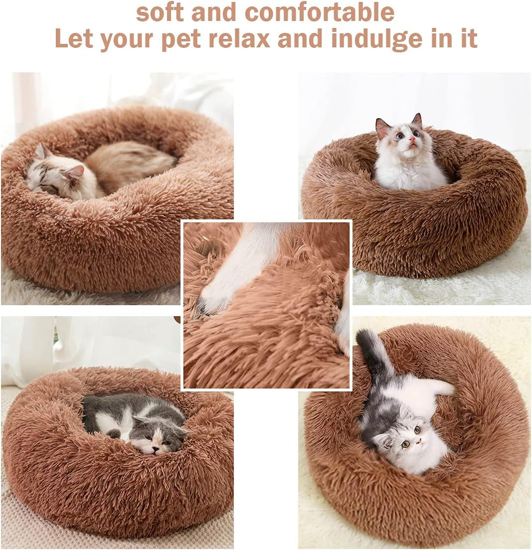 Calming Donut Bed - 23.6" Washable Fluffy Plush Dog Beds, Cozy Soft anti Anxiety Cuddler, Indoor Pet Cushion with Waterproof Bottom for Small Medium Dogs and Cats
