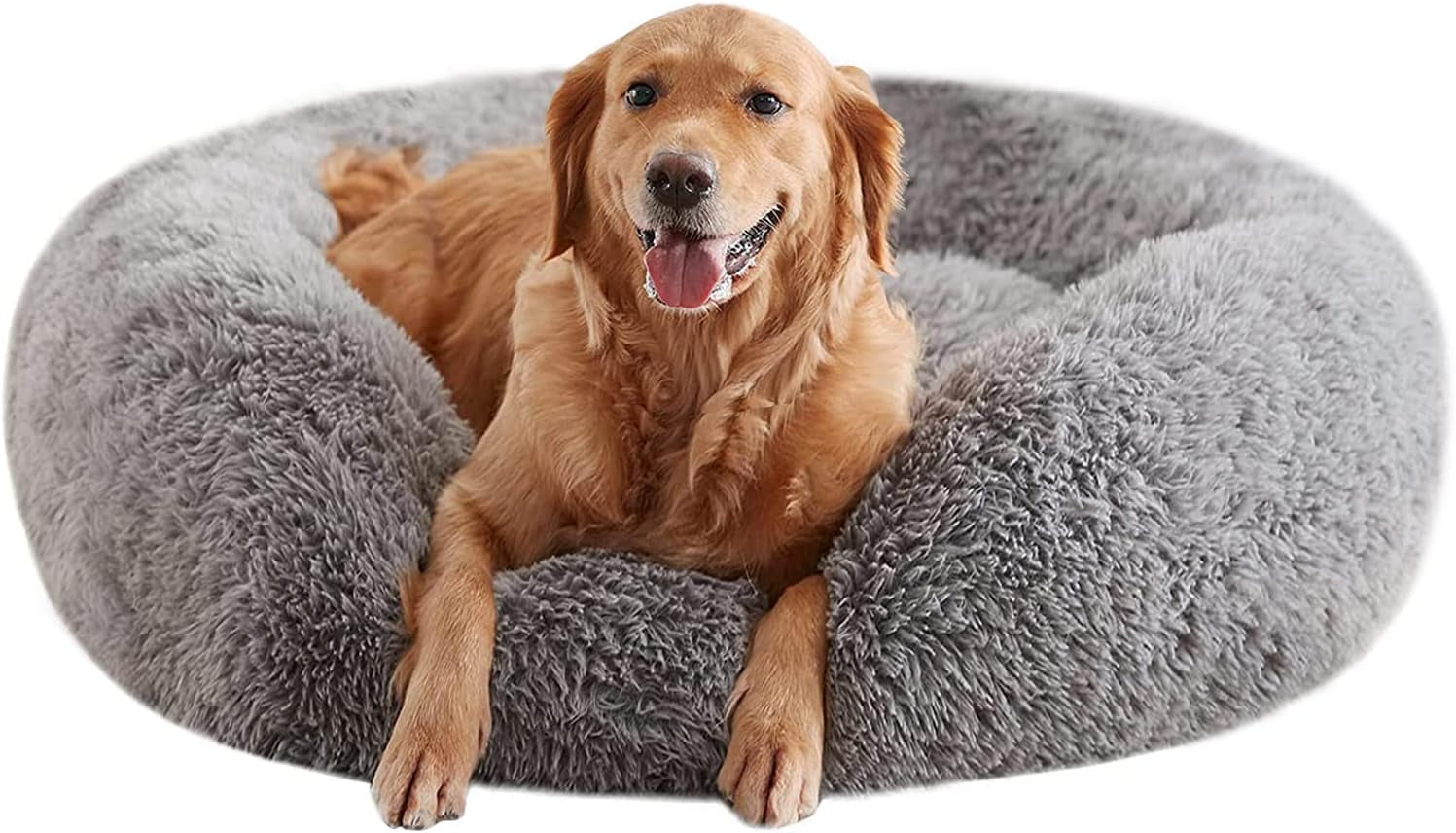 Calming Dog Beds for Large Dogs, Faux Fur Donut Cuddler Dog Bed, round Fluffy Pillow, Washable Pet Bed for Dogs up to 80Lbs, 36Inch