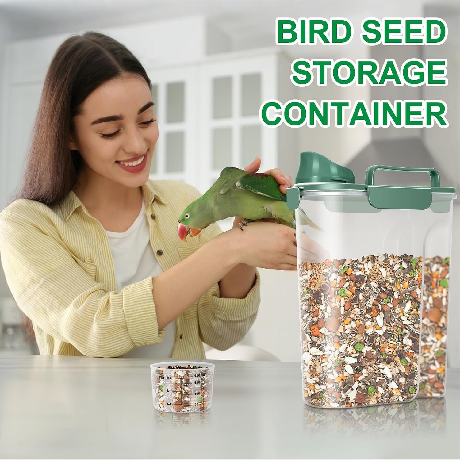 Cat Dog Food Storage Container 5 to 7 Lbs, Secondary Pet Food Storage Container beyond a Large Dog Food Bin for Daily Use, Easy-Pouring Bird Seed Dispenser, Travel Kibble Holder -Bottle Green