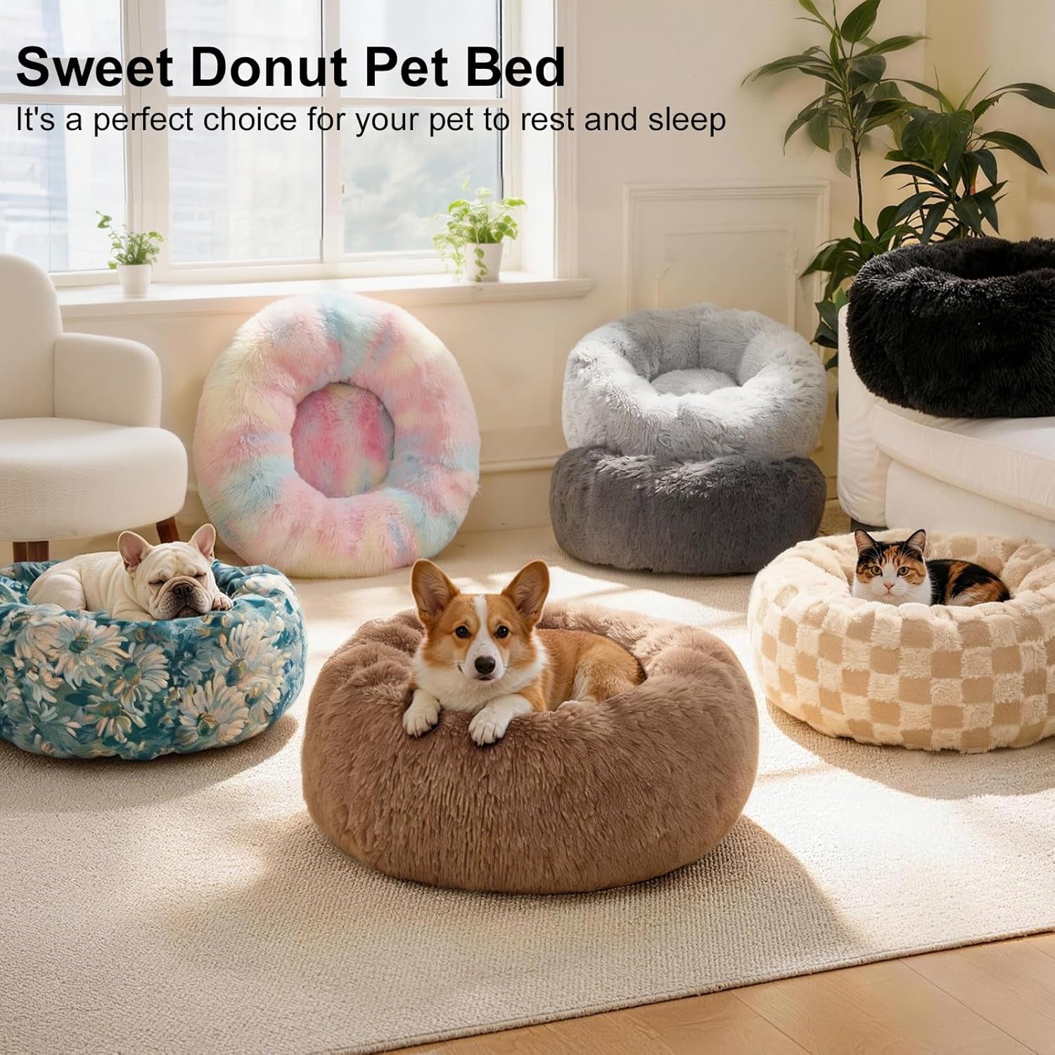 Dog Calming Beds for Small Medium Dogs Donut round Washable Anxiety Dog Bed