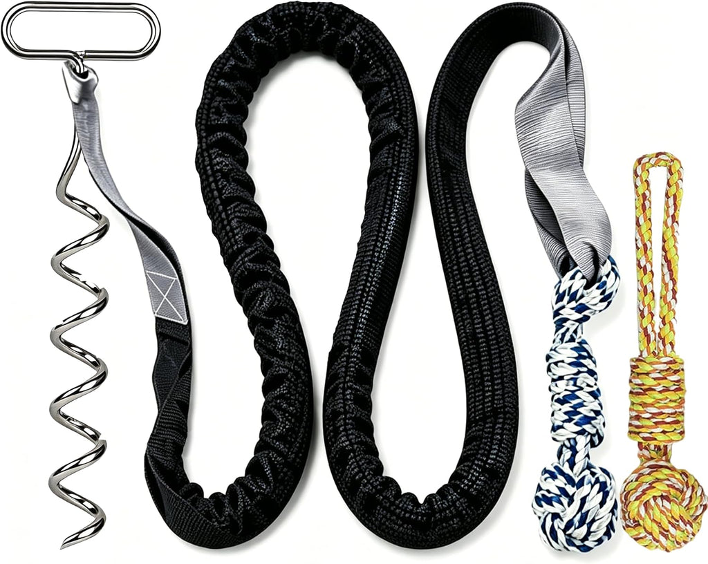 Dog Bungee Tug Toy with Steel Stake & 2 Chew Balls, 6.8Ft Stretch Rope Tug Toy - Tether Tug for Large/Medium/Small Dogs - Outdoor/Outside Dog Tug of War Toy (Lawn/Tree Use)