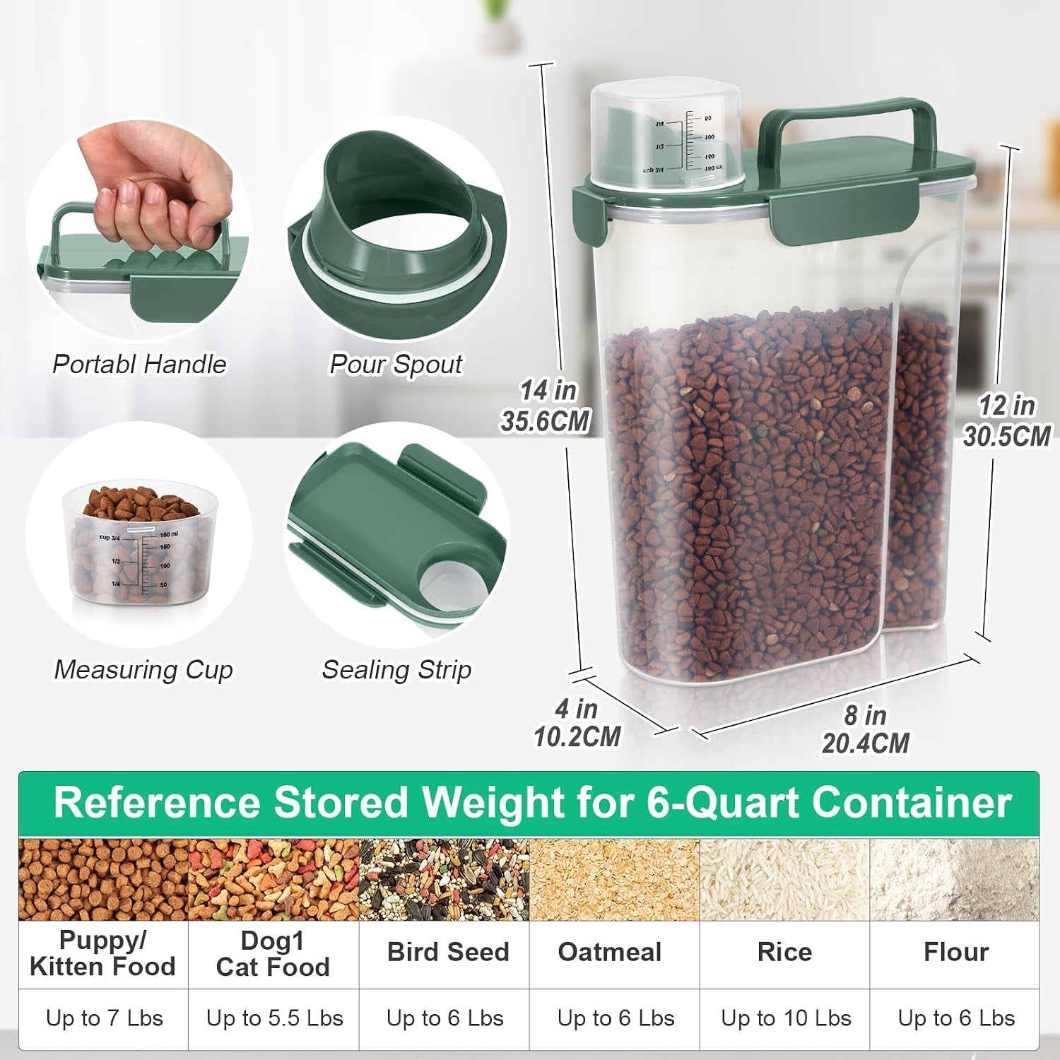 Cat Dog Food Storage Container 5 to 7 Lbs, Secondary Pet Food Storage Container beyond a Large Dog Food Bin for Daily Use, Easy-Pouring Bird Seed Dispenser, Travel Kibble Holder -Bottle Green